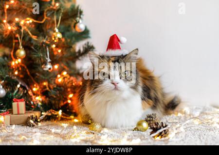 Gatto natalizio in berretto rosso di Babbo Natale isolato su sfondo bianco Foto Stock