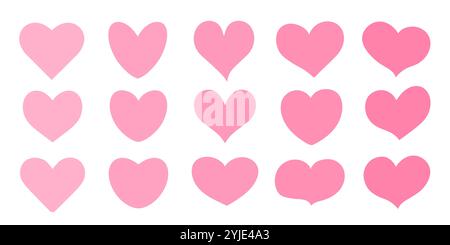 Una serie di cuori rosa su sfondo bianco. Adesivi di cuori rosa di forme diverse. Illustrazione Vettoriale