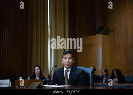 David Samuel Johnson parla durante un'audizione del Comitato finanziario del Senato sulla sua nomina a ispettore generale per l'amministrazione fiscale presso il Campidoglio degli Stati Uniti a Washington, DC, giovedì 14 novembre 2024. Foto di Anna Rose Layden/UPI credito: UPI/Alamy Live News Foto Stock