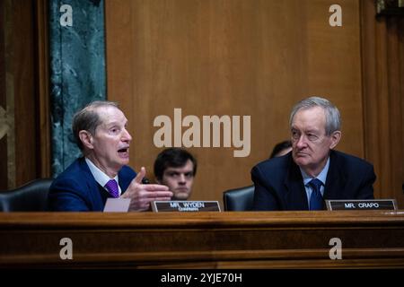 Il presidente Ron Wyden (D-OR) interviene durante un'audizione della commissione finanziaria del Senato sulla nomina di David Samuel Johnson a ispettore generale per l'amministrazione fiscale presso il Campidoglio degli Stati Uniti a Washington, DC, giovedì 14 novembre 2024. Foto di Anna Rose Layden/UPI credito: UPI/Alamy Live News Foto Stock