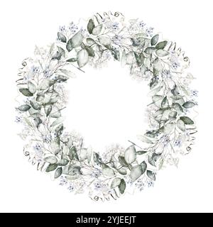 Corona floreale per nozze all'eucalipto in acquerello. Disegno di una cornice rotonda botanica con piccolo floret su sfondo isolato per biglietti d'auguri Foto Stock