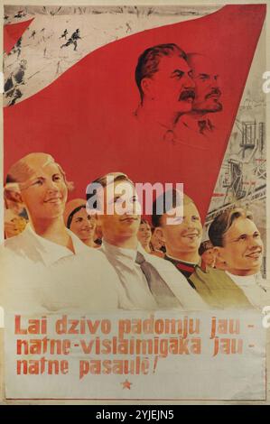 Viva la gioventù sovietica, la gioventù più felice del mondo! Poster di propaganda sovietica. Lettonia, 1940. G. Vasara. Foto Stock