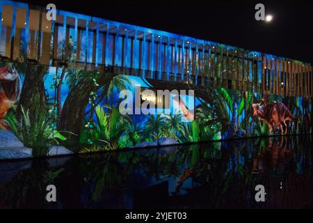 Foto notturna dell'Isola dei Musei con la Galleria James Simon il 15 ottobre 2019 durante il Festival delle luci., Nachtaufnahme der Museumsinsel mit James- Foto Stock