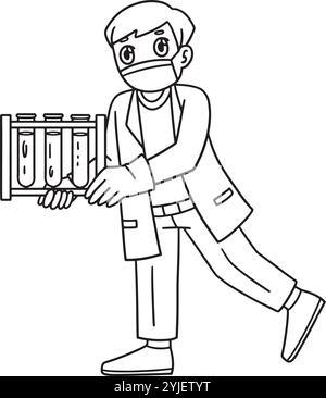 Medico con flaconi di liquidi isolati da colorare pagina Illustrazione Vettoriale