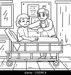 Medico che assiste il paziente a sedersi in posizione eretta colorare Illustrazione Vettoriale