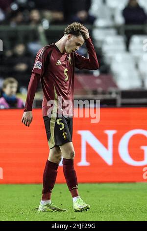 Bruxelles, Belgio. 14 novembre 2024. Il belga Maxim De Cuyper reagisce durante una partita di calcio tra la nazionale belga dei Red Devils e l'Italia, partita 5 (su 6) nella Lega A gruppo 2 della competizione UEFA Nations League 2025, giovedì 14 novembre 2024 a Bruxelles. BELGA PHOTO BRUNO FAHY BELGA PHOTO/Bruno Fahy/LaPresse BELGIUM OUT crediti: LaPresse/Alamy Live News Foto Stock