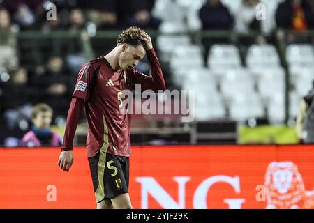 Bruxelles, Belgio. 14 novembre 2024. Il belga Maxim De Cuyper reagisce durante una partita di calcio tra la nazionale belga dei Red Devils e l'Italia, partita 5 (su 6) nella Lega A gruppo 2 della competizione UEFA Nations League 2025, giovedì 14 novembre 2024 a Bruxelles. BELGA PHOTO BRUNO FAHY BELGA PHOTO/Bruno Fahy/LaPresse BELGIUM OUT crediti: LaPresse/Alamy Live News Foto Stock