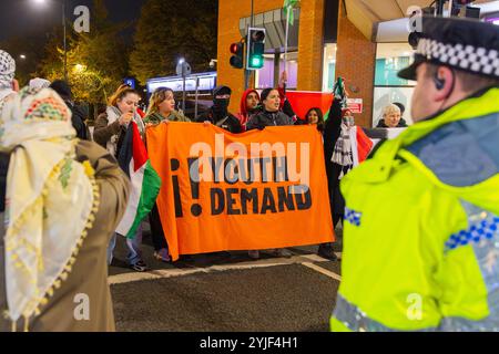 Leeds, Regno Unito. 14 NOVEMBRE 2024. 40 attivisti, insieme al gruppo Youth Demand, hanno bloccato Merrion St nel centro di Leeds. Scatenando rastrelli verdi i manifestanti rimasero in strada per circa 25 minuti fino a quando una sezione 14 fu messa in atto alle 18:25 dalla polizia del West Yorkshire, punto in cui i manifestanti si spostarono sul marciapiede prima di disperdersi, non furono fatti arresti. Credito Milo Chandler/Alamy Live News Foto Stock