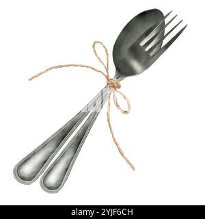Forchetta e cucchiaio legati con il filo. Posate isolate su sfondo bianco. Utensili da cucina per il cibo, ristorante che serve posate, coltello e forchetta con m Foto Stock