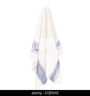 Tovagliolo da cucina appeso con striscia blu. Illustrazione digitale acquerello. Panno di cotone isolato su sfondo bianco. Tovagliolo in lino appeso. Per il cibo Foto Stock
