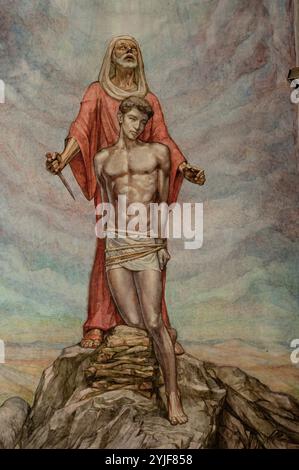 Jordi Arenas / "El sacrificio de Isaac" (il sacrificio di Isacco) (dettaglio), 1960, affresco, cappella del sacramento, chiesa di Santa Anna de Mataró. AUTORE: JORDI ARENAS I CLAVELL. Foto Stock