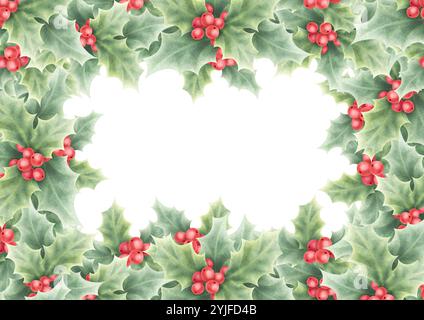 Tessera di Natale modello orizzontale con bacche rosse agrifoglio e foglie verdi. Illustrazione isolata ad acquerello disegnata a mano con spazio vuoto per il testo, A4. Per il modello di tessera e i banner per le festività di Capodanno. Foto Stock