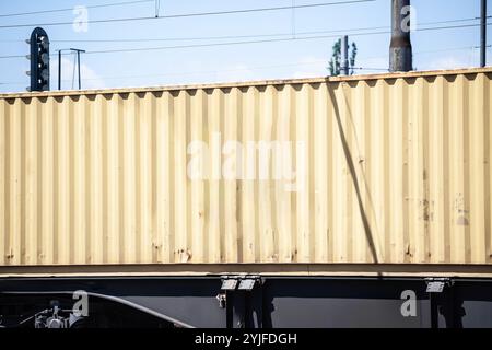 Questa immagine mostra un contenitore giallo su un treno, che illustra la logistica del trasporto multimodale. Riflette la complessa rete di trasporti marittimi, fr Foto Stock