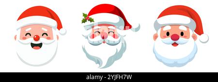 Set della testa di babbo Natale. Babbo Natale con le facce. Set di personaggi Christmas claus. Carino e divertente babbo Natale. Testa di San nick per biglietti di Natale, striscioni, etichette. Illustrazione Vettoriale