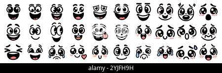 Volti di personaggi di fumetti e cartoni animati. Elementi vettoriali delle emozioni tradizionali. Creatore di personaggi vintage per illustrazioni di tendenza Illustrazione Vettoriale