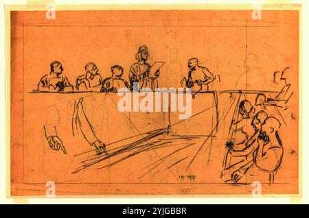 Design per illustrazione in De Amsterdammer: un tribunale con un uomo nel dock (14 febbraio 1920). Relatore per parere: Johan Braakensiek. Dating: 1920 - prima del 14-Feb-1920. Misurazioni: h 280 mm × W 440 mm. Museo: Rijksmuseum Amsterdam. Foto Stock