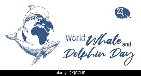 Banner orizzontale per il Whale and Dolphin Day, 23 luglio 2025. Il concetto del problema di preservare gli animali nell'oceano. Disegno lineare vettoriale di una balena e di un delfino sullo sfondo del pianeta Terra Illustrazione Vettoriale