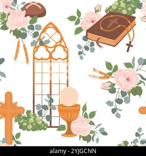 Primo sfondo vettoriale dei simboli di comunione. Tazza di vino d'oro, Graal, pane, Bibbia, rosario, vino, rose bianche e crocifisso. Motivo senza cuciture con simboli cristiani. Clipart per gli inviti alle vacanze. Illustrazione Vettoriale