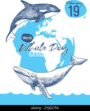 Banner verticale per Whale Day, 19 febbraio 2025. Disegno lineare vettoriale di mammiferi marini sullo sfondo del pianeta Terra. Concetto del problema di preservare la diversità animale nell'oceano. Illustrazione Vettoriale