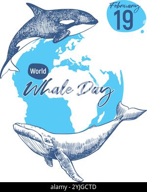 Banner verticale per Whale Day, 19 febbraio 2025. Concetto del problema globale di preservare la diversità animale negli oceani. Disegno lineare vettoriale di mammiferi marini sullo sfondo del pianeta Terra. Illustrazione Vettoriale