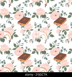 Sfondo vettoriale dei simboli della prima comunione. Bibbia, rosario, rose bianche e crocifisso. Motivo senza cuciture con simboli cristiani. Clipart per gli inviti alle vacanze. Illustrazione Vettoriale