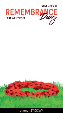Banner verticale per Poppy Day 2025. Una ghirlanda di papaveri di carta rossa giace sul prato. Decorazione tradizionale per il giorno della memoria dell'11 novembre. Illustrazione vettoriale in stile piatto. Illustrazione Vettoriale