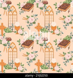 Sfondo vettoriale con attributi della prima comunione. Tazza di vino d'oro, pane, Bibbia, rosario, rose bianche e crocifisso. Motivo senza cuciture con simboli cristiani. Clipart per gli inviti alle vacanze. Illustrazione Vettoriale