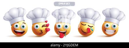 Set vettoriale di caratteri emoji dello chef. Emoji Cook baker clip art personaggio in Happy, Baci, voglie, leccata e sorridente espressione facciale Illustrazione Vettoriale