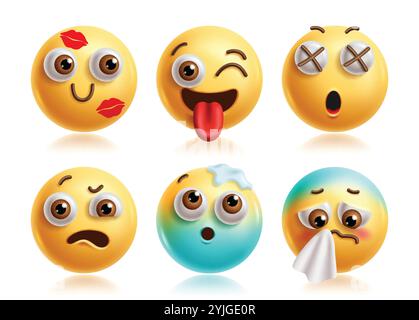 Kiss mark set di caratteri vettoriali emoji. Personaggio clip art emoji in elementi icone 3d per espressione facciale stupida, morta, stupida, umore, freddo e starnuto Illustrazione Vettoriale