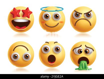 Set di caratteri vettoriali emoji Star Eyes. Personaggio 3d della clip art di emoji in Amaze, Angel, MAD, stupido, sorpresa e vomito icona gialla di espressione facciale Illustrazione Vettoriale