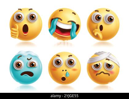 Consente di ingrandire il set di vettori di caratteri emoji. Personaggio clip art con icone emoji 3d in approvato, pianto, felice, tranquillo, moody, l'espressione facciale è stressata e danneggiata. Illustrazione Vettoriale