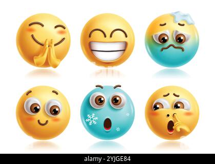 Impostare i vettori dei caratteri emoji. Implorando emoji 3d icona clip art personaggio con espressioni facciali felici, tristi, timidi, congelanti, sorprese e annoiate Illustrazione Vettoriale