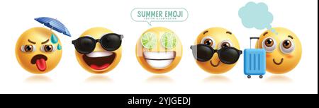 Set vettoriale di caratteri estivi emoji. Personaggio clip art emoji estivo con ombrello, occhiali da sole, lime, valigie, happy, sorridi e goditi la grafica 3d. Illustrazione Vettoriale