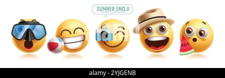 Set di personaggi emoji di Babbo Natale. Personaggi di clip art delle emoji natalizie a sorpresa, timidi, stupiti, sorridenti, sorridenti, espresso facciale felice e divertente Illustrazione Vettoriale