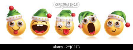 Set di personaggi emoji di Babbo Natale. Personaggio clip art di Natale con emoji in Happy, Funny, Crazy, Goofy, shock, viso arrossato, timido e sorridente Illustrazione Vettoriale