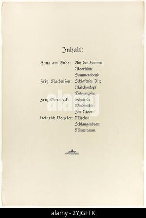 Portfolio, frontespizio e colofone per Vom Weyerberg. Heinrich Vogeler (tedesco, 1872-1942); Fritz Mackensen (tedesco, 1866-1953); Fritz Overbeck (tedesco, 1869-1909); Hans Ende (tedesco, 1864-1918). Data: 1895. Dimensioni: 527 x 367 mm. Copertina portafoglio in tessuto, frontespizio con incisione su carta tessuta crema (di Vogeler) e stampa letteraria e pagina colophon con stampa letterale. Origine: Germania. Museo: Chicago Art Institute, FLORENCIA, USA. Foto Stock