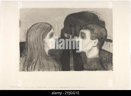 Attrazione II. Edvard Munch; norvegese, 1863-1944. Data: 1895. Dimensioni: 217 x 318 mm (immagine); 266 x 335 mm (piastra); 300 x 434 mm (foglio). Incisione con morso aperto e punto di secchezza con brunitura in inchiostro nero su carta panna posata Arches. Origine: Norvegia. Museo: Chicago Art Institute, FLORENCIA, USA. Foto Stock