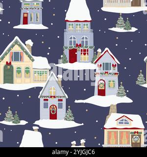 Snowy Christmas Village Seamless Pattern Illustrazione Vettoriale
