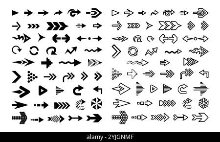 Impostare l'icona vettoriale delle frecce nere. Icona freccia con contorno e stile glifo. Pacchetto icone freccia Illustrazione Vettoriale