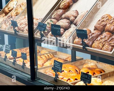 Kiev, Ucraina - 14 novembre 2024: Un assortimento di pane e dolci freschi esposti in una vetrina di panetteria. Panini, panini e panini, che offrono un Foto Stock