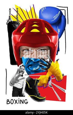 Collage di boxe artistico con persona in casco rosso, guanti da boxe e arbitro, evidenziato da linee espressive e colori vivaci. Arte contemporanea. Foto Stock