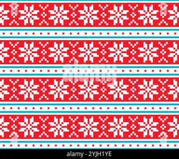 Motivo vettoriale perfetto per Natale o inverno con fiocchi di neve e cuciture a croce rosse e blu. Non generato dall'IA Illustrazione Vettoriale