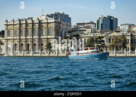 Vista del palazzo Dolmabache dal mare, monumenti storici di Istanbul in Turchia Foto Stock