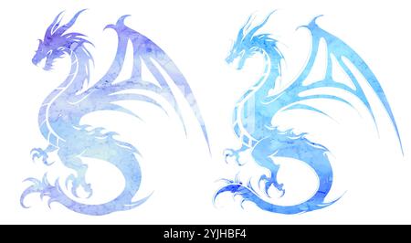 Set vettoriale di clip art sagoma drago acquerello Collezione di draghi con silhouette blu con ali isolate dallo sfondo. Mitologico, fiabesco Illustrazione Vettoriale