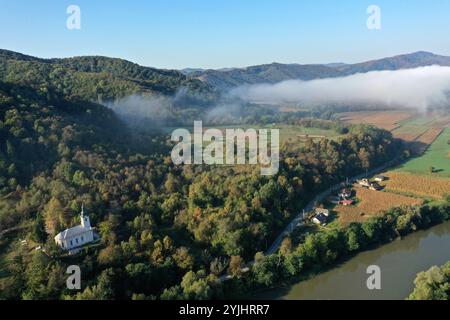 Vista aerea del fiume e della foresta tranquilli in una mattina nebbiosa con un drone Foto Stock