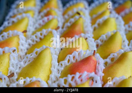 Primo piano di un mazzo di pere con una rete bianca Foto Stock