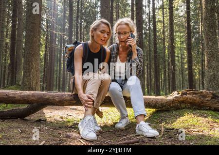 La donna disloca la caviglia scavalcando il tronco della foresta passeggiando Foto Stock