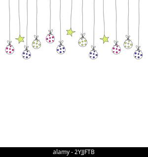 Giocattoli sull'albero di Natale per biglietti d'auguri, poster, opuscolo, opuscolo, invito. Illustrazione vettoriale disegnata a mano. Illustrazione Vettoriale