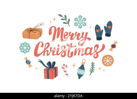Buon Natale, calligrafia scritta disegnata a mano con elementi decorativi natalizi isolati su sfondo bianco. Decorazioni vettoriali natalizie. Buona calligrafia natalizia. Cartolina di Natale Illustrazione Vettoriale
