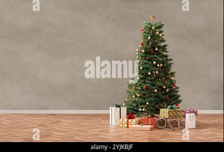 Scena natalizia per i saluti con un bellissimo albero di Natale con ornamenti festivi e regali avvolti su un pavimento di legno, adagiato su una parete neutra bac Foto Stock
